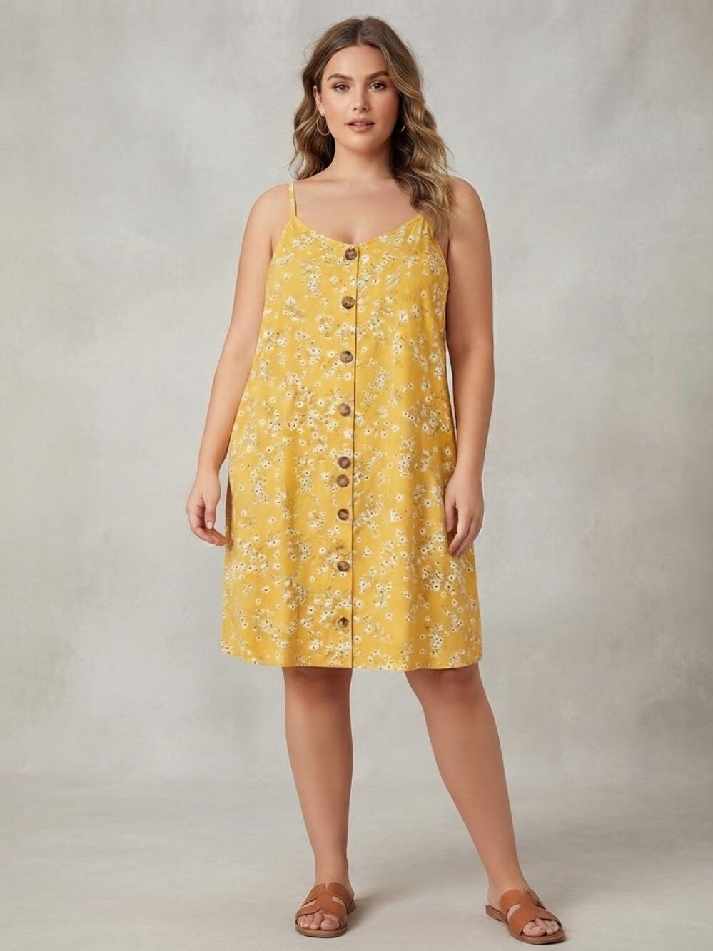 Shein Curve Yellow Floral Cami Dress Knee Length Button Front Size 1XL Plus